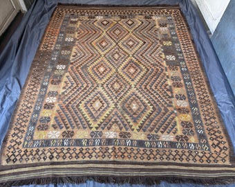 Antique Afghan Kilim Rug, 7x9 Flat Weave, Geometric Faded Design – Rare Turkish Style Handwoven Wool Rug, Vintage Home Decor, Bedroom Rug
