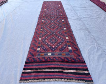 Hand-Knotted Wool Baluchi Runner Rug, Burgundy Tribal Diamond Design
