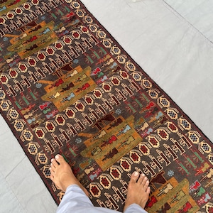 2&#39;9x9&#39;4 ft Vintage War Runner Rug | Afghan Hand Knotted Wool Runner | Tribal Pictorial Hallway Rug | Nomadic Art Decor Carpet, entryway rug