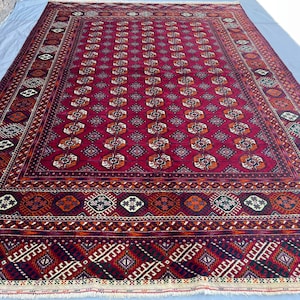 Red Turkmen Tekke Rug, Vintage Ersari Tribal Geometric Handmade Wool Area Rug, 7x10 Afghan Large Oriental Boho Rug, Home Decor Carpet Rare
