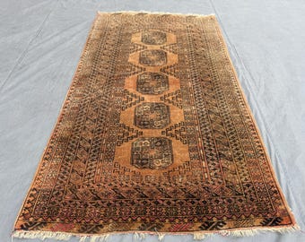 Antique Turkmen Bukhara Rug, 3'5x6 ft, Tribal Terracotta Faded Design, Rare Handwoven Wool Moroccan Rug, Kitchen Rug, Entryway Rug