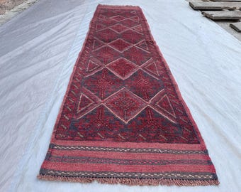 Vintage Afghan Baluch Runner Rug | 2x7'8 Red Wool Hallway Carpet