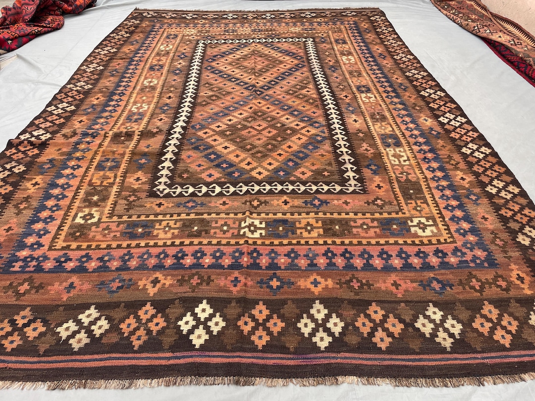 Antique Afghan Kilim Rug | Terracotta Wool Flatweave, 8x12' Palace