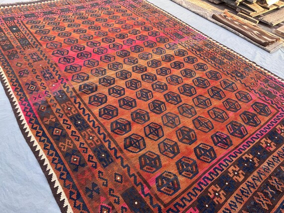 8x14 Oversized Afghan Kilim Rug, Handwoven Wool Tribal Geometric Faded Rug, Oversized Oriental Area Rug Turkish Style Kilim, Living Room Rug
