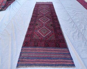 Burgundy Balochi Runner Rug, Hand-Knotted Wool Tribal Diamond Design