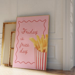 Cartel Frieze | El viernes es el día de las papas fritas Imprimir | Afiche de patatas fritas | Mural rosa y rojo | Impresión artística de comida rápida | Carteles de arte pop | Carteles de cocina