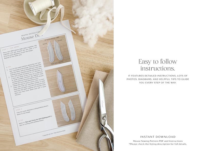 K&ouml;nnte beinhalten: Ein Schnittmuster f&uuml;r eine Stoffmaus mit detaillierten Anweisungen und Diagrammen. Das Bild zeigt das gedruckte Muster, eine Schere, Faden und Stoff. Der Text lautet "Easy to follow instructions" und "Instant Download".