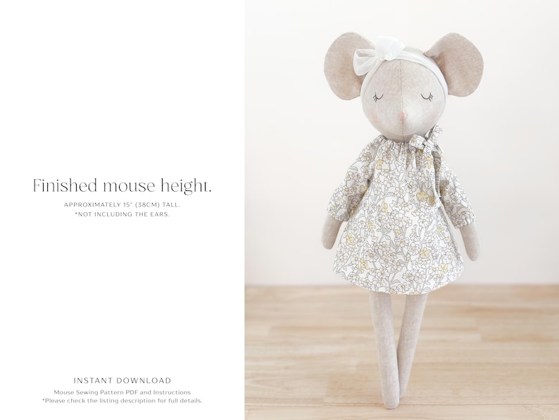K&ouml;nnte beinhalten: Eine handgefertigte Mauspuppe, etwa 38 cm gro&szlig;, mit gro&szlig;en Ohren und einer wei&szlig;en Schleife. Die Maus tr&auml;gt ein Kleid mit Blumenmuster. Der Text sagt "Finished mouse height. Approximately 15" (38cm) tall. *NOT INCLUDING THE EARS."