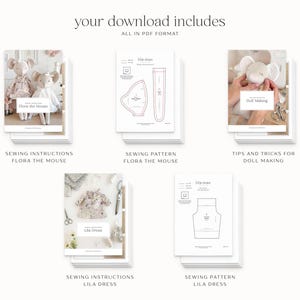 K&ouml;nnte beinhalten: Eine Sammlung von PDF-Schnittmustern und Anleitungen, darunter "Flora the Mouse" und "Lila Dress". Das Bild zeigt Stapel von gedruckten Seiten mit Text und Illustrationen, einschlie&szlig;lich Tipps zur Puppenherstellung. Der Satz "your download includes" steht oben.