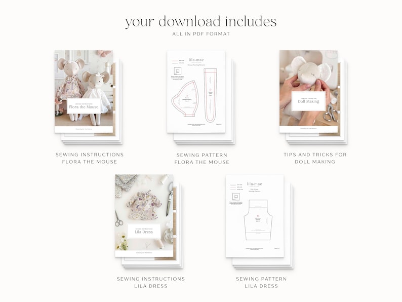 K&ouml;nnte beinhalten: Eine Sammlung von PDF-Schnittmustern und Anleitungen, darunter "Flora the Mouse" und "Lila Dress". Das Bild zeigt Stapel von gedruckten Seiten mit Text und Illustrationen, einschlie&szlig;lich Tipps zur Puppenherstellung. Der Satz "your download includes" steht oben.
