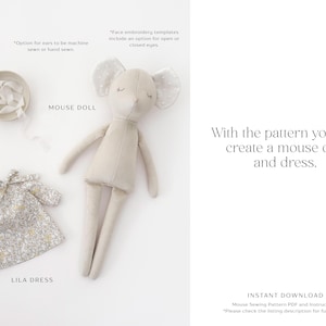 K&ouml;nnte beinhalten: Eine beige Mauspuppe und ein gebl&uuml;mtes Kleid. Die Puppe hat geschlossene Augen und gepunktete Ohren. Das Kleid ist wei&szlig; mit einem Blumenmuster. Auf dem Bild steht "MOUSE DOLL" und "LILA DRESS".