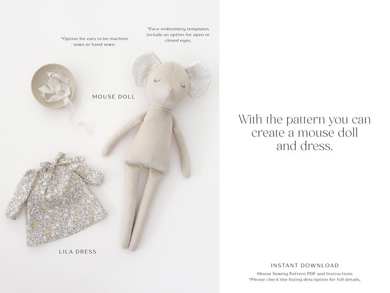 K&ouml;nnte beinhalten: Eine beige Mauspuppe und ein gebl&uuml;mtes Kleid. Die Puppe hat geschlossene Augen und gepunktete Ohren. Das Kleid ist wei&szlig; mit einem Blumenmuster. Auf dem Bild steht "MOUSE DOLL" und "LILA DRESS".