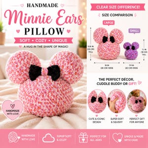 May include: A handmade Minnie Mouse ear pillow in pink and white speckled yarn with a black bow. The pillow is 38 cm wide and 35 cm tall. The image text reads "Minnie Ears Pillow".