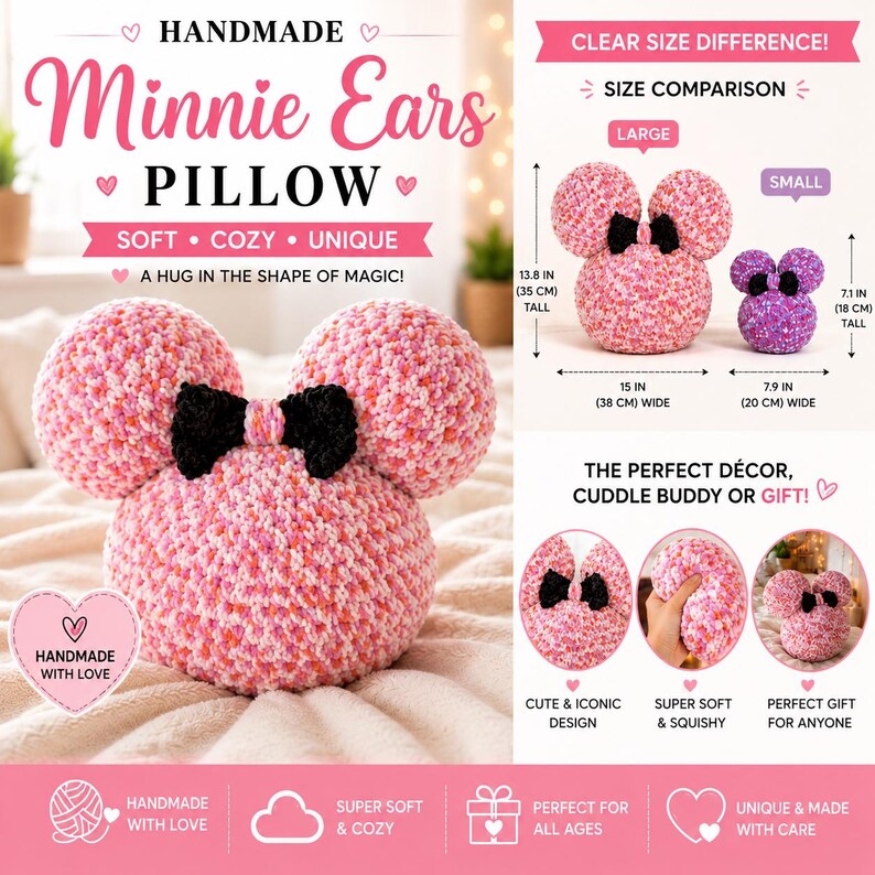 May include: A handmade Minnie Mouse ear pillow in pink and white speckled yarn with a black bow. The pillow is 38 cm wide and 35 cm tall. The image text reads "Minnie Ears Pillow".