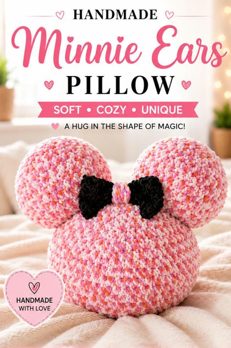 May include: A handmade Minnie Mouse ear pillow in pink, white, and orange yarn with a black bow. The pillow is soft and cosy, with the words "Minnie Ears Pillow" in pink. The text "Handmade with Love" is also visible.