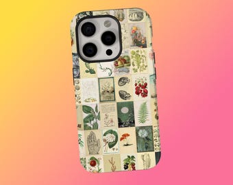 Funda para teléfono con collage de sellos vintage, diseño retro de naturaleza, con ilustración de plantas, para iPhone 17, 16, 15, 14, 13, 12 y 11, Samsung S25