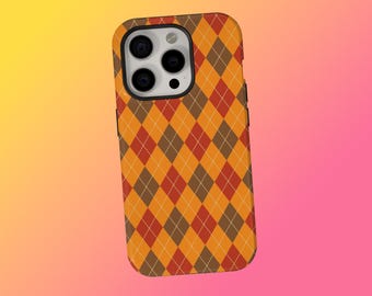 Boho Argyle Pattern Tough Phone Case, Retro Fall Checkered Cover, Preppy Autumn Pattern Case, iPhone 17 16 15 14 13 12 11, Samsung S25 S24