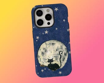 Black Cat Moon Phone Case, Vintage Celestial Starry Night Cover, Witchy Retro Illustration, iPhone 17 16 15 14 13 12 11 Pro Max, Samsung S25