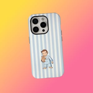 May include: A smartphone case with a light blue and white striped design. The case features a cartoon illustration of a boy in pyjamas holding a teddy bear. The case is designed to fit a smartphone.
