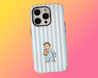 Funny Monkey and Stripes Phone Case, George Phone Case, Blue Cartoon Animal Illustration, iPhone 17 16 15 14 13 12 11, Samsung S25 S24