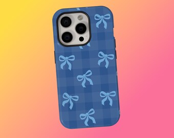 Funda para teléfono con lazo de cuadros azules: diseño de tablero de ajedrez estilo cottagecore, funda resistente, iPhone 17 16 15 14 13 12 11 Pro Max X, Samsung S26 S25 S24 S23