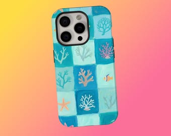 Ocean Coral Phone Case, Aqua Blue Protective Case, Sea Life Checkered Aesthetic Cover, iPhone 17 16 15 14 13 12 11Pro Max, Samsung S25
