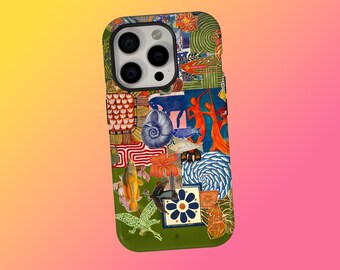 Colorful Abstract Collage Phone Case, Artistic Nature Pattern Cover, Retro Boho Aesthetic Phone Case, iPhone 17 16 15 14 13 12, Samsung S25