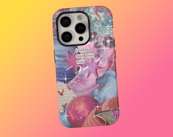 May include: A phone case with a colorful collage design featuring planets, stars, and clouds. The case has a quote that reads, "I told the Stars about You." The case has a black camera cutout.