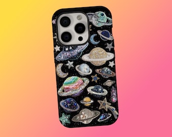 Planets & Stars Phone Cover, Cosmic Galaxy Planet Phone Case, Retro Y2K Starry Universe Design, iPhone 17 16 15 14 13 12 11, Samsung S25