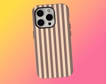 Capa para celular com listras marrons, design minimalista neutro com linhas verticais, capa protetora unissex com estética elegante, compatível com iPhone 17, 16, 15, 14, 13, 12 e 11, e Samsung S25.