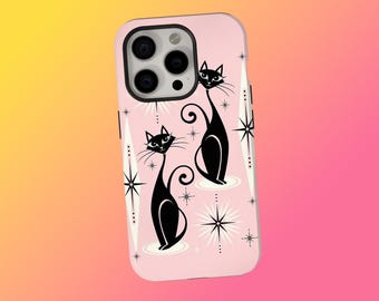 May include: A pink phone case featuring a retro design with two black cats and starburst accents. The cats have long, curved tails and are set against a light pink background. The case is designed to fit a smartphone.