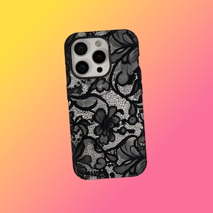 Schwarze Spitze Braut Muster Strümpfe Handyhülle, Elegante Blumenspitze Muster Handyhülle, iPhone 17 16 15 14 13 12 11 Pro Max, Samsung S25 S24
