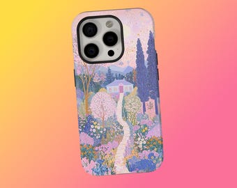 May include: A phone case featuring a colorful garden scene with a white house, a winding path, and various trees and flowers. The case has a glossy finish and a multi-camera cutout.