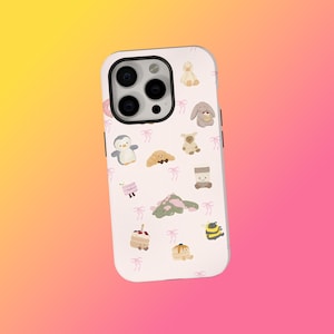May include: White phone case with a colorful pattern of cartoon animals and food items, including a penguin, duck, bunny, bear, croissant, cake, and bee. Pink bows are scattered throughout the design.