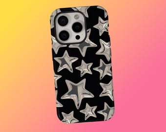 Silver Star Phone Case, Y2K Aesthetic, Black Star Flat Protective Phone Casefor iPhone 17 16 15 14 13 12 11 Pro Max, Samsung S25 S24 S23