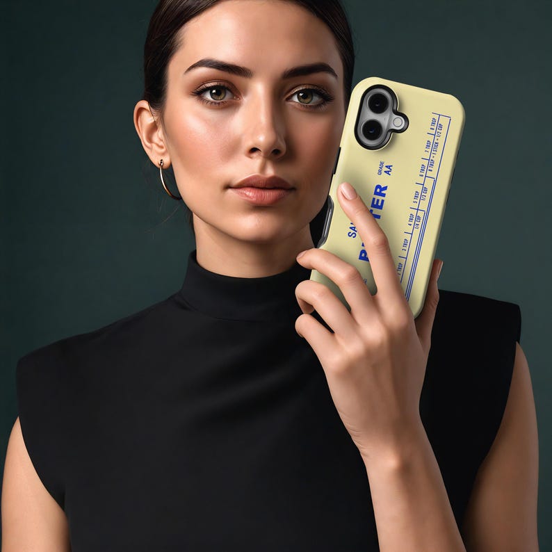 May include: A light yellow phone case with blue text and a ruler design. The text reads "SALTER" and "GRADE AA". The ruler design shows measurements in tablespoons and cups. The phone case is held in front of a person.