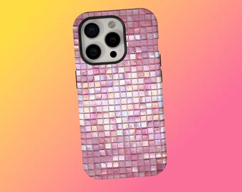 Funda para teléfono con diseño de mosaico rosa, diseño abstracto artístico de cuadrícula de azulejos, iPhone 18 17 16 15 14 13 12 11 Pro Max, Samsung S25 S24 S23 S22 Ultra