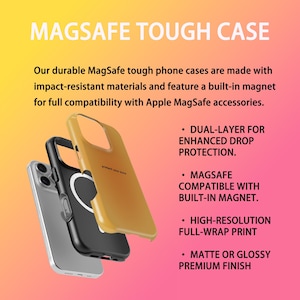 May include: Three MagSafe tough phone cases in silver, black, and gold. The cases are designed with impact-resistant materials and a built-in magnet for compatibility with Apple MagSafe accessories. Text on the image reads "MagSafe Tough Case".