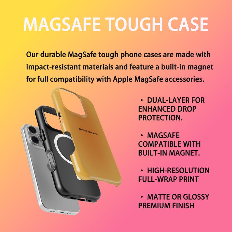 May include: Three MagSafe tough phone cases in silver, black, and gold. The cases are designed with impact-resistant materials and a built-in magnet for compatibility with Apple MagSafe accessories. Text on the image reads "MagSafe Tough Case".