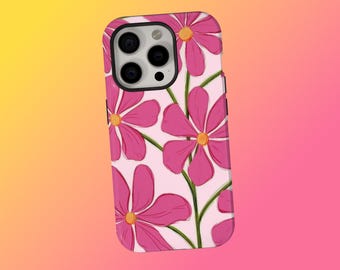 May include: A phone case with a floral design. The case features a pattern of pink flowers with yellow centers and green stems against a light pink background. The phone case is shown against a gradient background of yellow and pink.