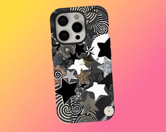 May include: A black and white phone case with a star and swirl pattern. The case features a variety of star shapes in black, white, and silver, along with swirling designs. The phone case has a black border and a camera cutout.