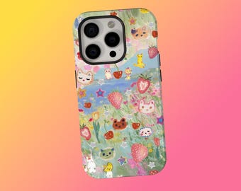 Strawberry Flower Cute Phone Case, Kawaii Protective Cover, Cute Strawberry Animal Phone Case,  iPhone 17 16 15 14 1312 11, Samsung S25 S24