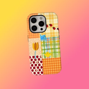 Patchwork Cottagecore Phone Case, Cute Cat Chick Floral Farm Aesthetic Cover, Retro Plaid Spring, iPhone 18 17 16 15 14 13 12, Samsung S25