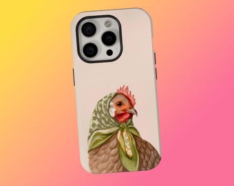 Funda para teléfono con diseño retro de pollo, divertida funda con arte de animales de granja, funda para teléfono con estética vintage cottagecore, iPhone 18 17 16 15 14 13 12 11, Samsung S25