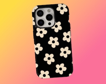 Svart blommigt retro iPhone-skal: Tufft tjejigt telefonskal, Retro krämfärgat blommigt telefonskal, iPhone 17 16 15 14 13 12 11 Pro Max, Samsung S25 S24