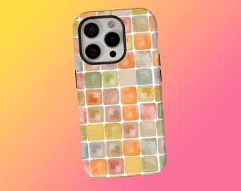 Mosaic Tiles Phone Cases, Watercolor Grid Phone Case, Abstract Retro Pastel Cover, iPhone 17 16 15 14 13 12 11 Pro Max, Samsung S25 S24