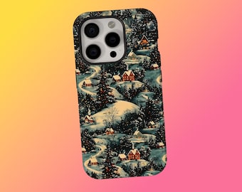 Vintage Christmas Phone Case, Snow Village Christmas Phone Case, Cozy Winter Cottage Holiday Cover, iPhone 17 16 15 14 13 12, Samsung S25