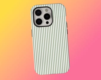 Fresh Green White Stripes Personalized Phone Case, Sage Green Striped Phone Cover for iPhone 17 16 15 14 13 12 11 Pro Max, Samsung S25 S24