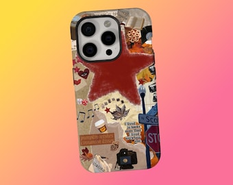 Autumn Collage Phone Case, Red Star Vintage Design, Cozy Fall Aesthetic, Indie Artsy Style, iPhone 17 16 15 14 13 12 11 Pro Max, Samsung S25