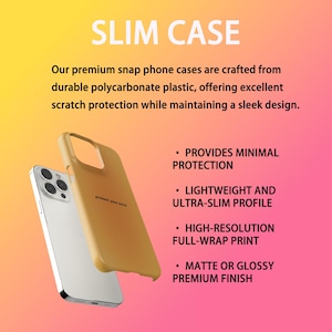 May include: A gold-colored phone case with the text "protect your aura" is displayed next to a silver phone. The image includes the text "SLIM CASE" and bullet points highlighting features like minimal protection and a matte or glossy finish.